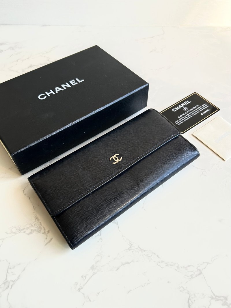 中古包 Chanel 黑色鱼子酱皮革长夹 皮夹 钱包 二手包 手拿包 - 皮夹/钱包 - 真皮 黑色