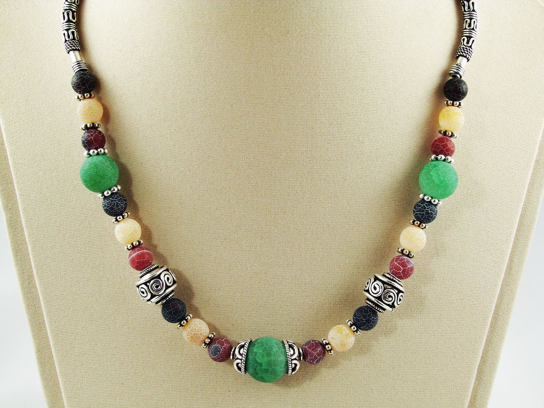 Teal Red Multicolor Crackle Agate Silver Ethnic Oriental Beaded Necklace Jewelry - 项链 - 半宝石 多色