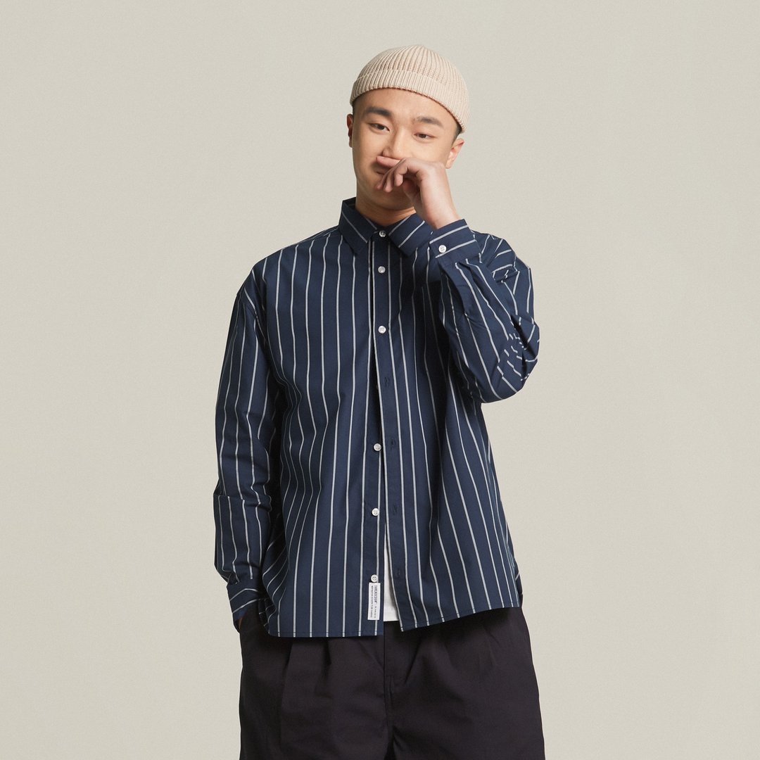 THREADESIGN 秋冬日系条纹简约口袋宽松休闲长袖衬衫 - 男装衬衫 - 棉 卡其色