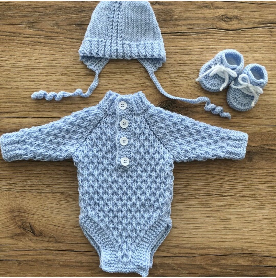 Blue, hand knit clothing set for baby boy: romper, hat, booties. - 包屁衣/连体衣 - 其他材质 蓝色