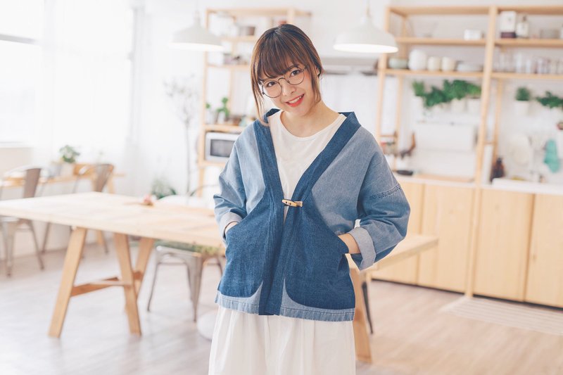 拼牛仔布系列 / 牛仔拼布和服外套 / Banananaxx - 女装休闲/机能外套 - 其他材质 蓝色