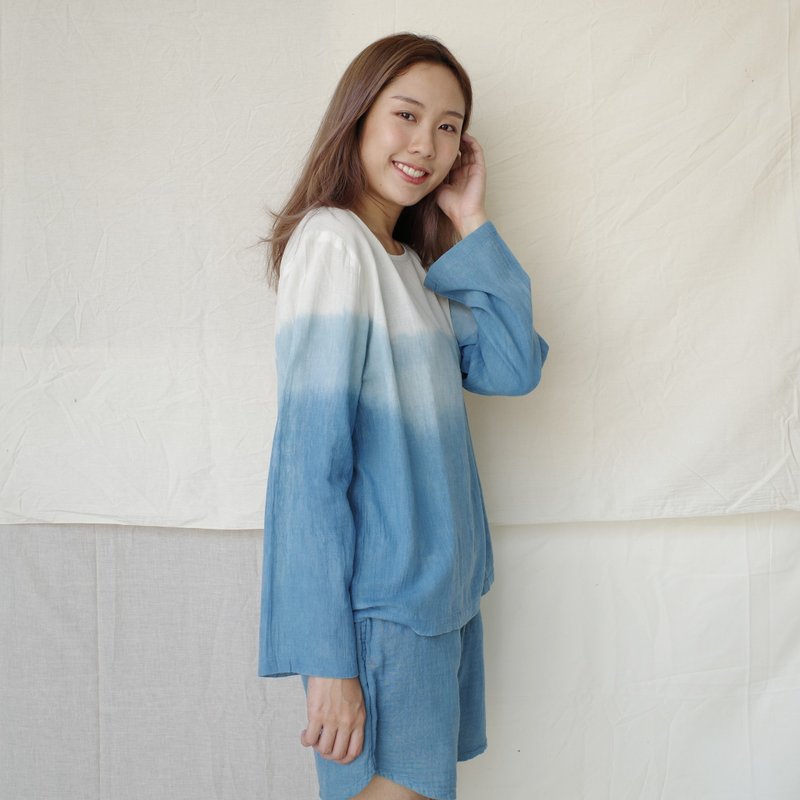 靛影蓝染 棉长袖上衣 - 女装上衣 - 棉．麻 蓝色