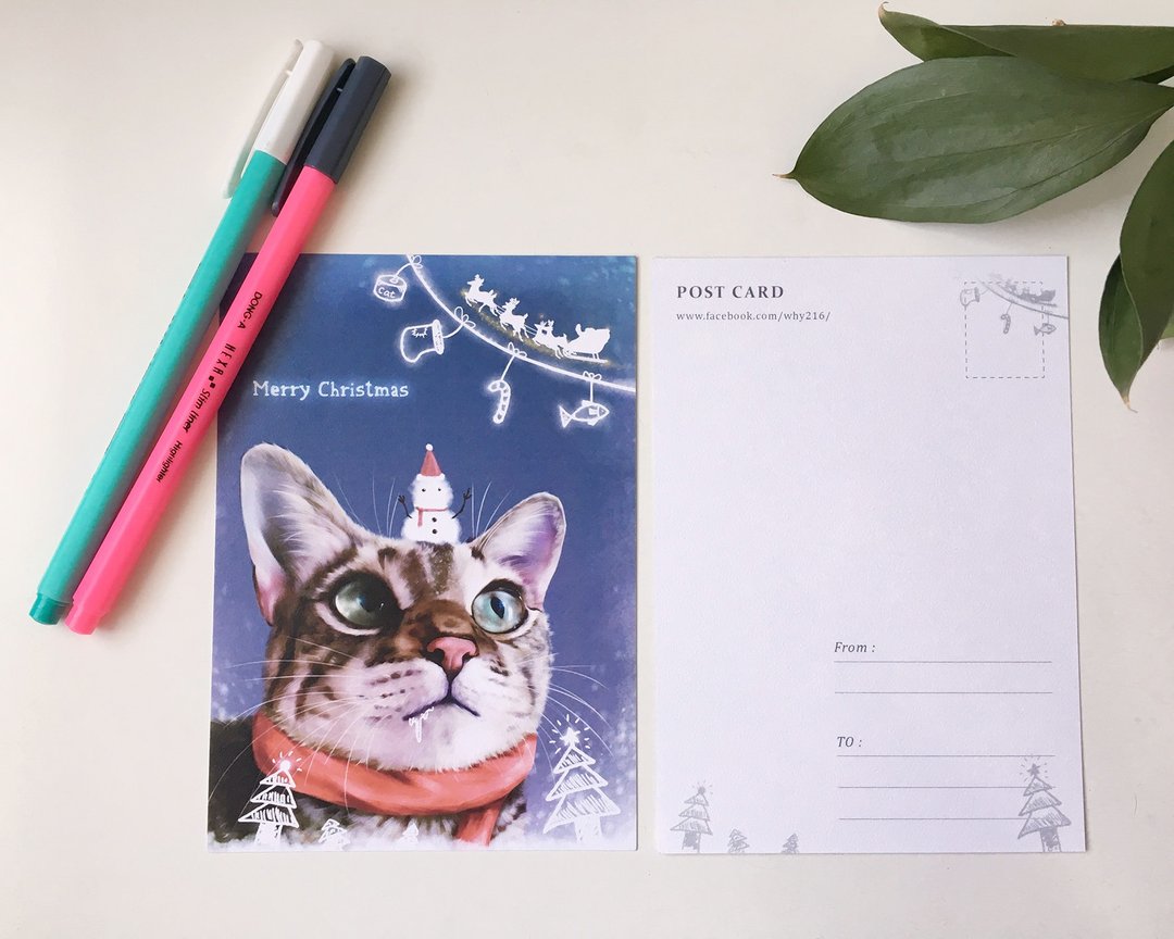 动物插画圣诞节限量明信片【贪吃虎斑猫】 - 卡片/明信片 - 纸 白色