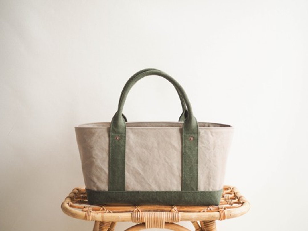 Made-to-order tote with lid oblong Gray beige x khaki drive - 手提包/手提袋 - 棉 卡其色