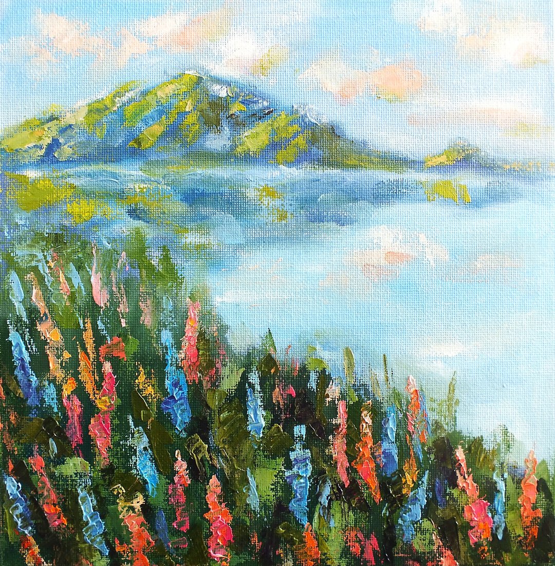 Lupines Painting Original Oil Art Small Floral Impasto Wall Art Impressionism - 海报/装饰画/版画 - 其他材质 蓝色
