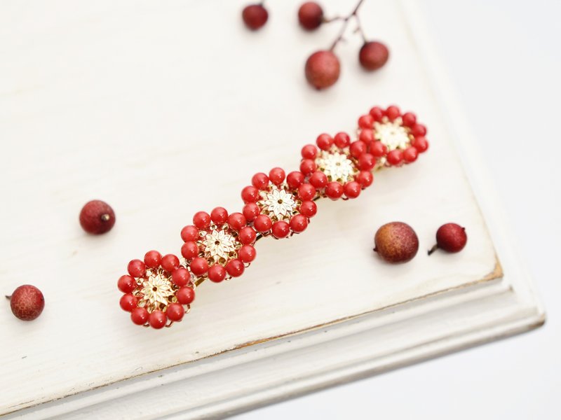 限量【发夹】古董复古赤珊瑚花朵 - 发饰 - 半宝石 红色