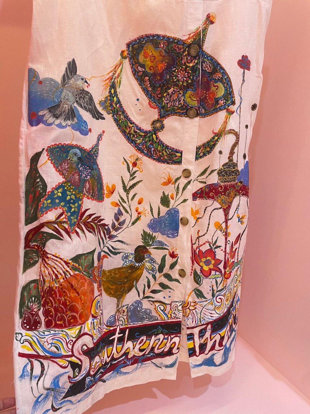 hand painted, linen dress southern culture pattern, free size - 洋装/连衣裙 - 亚麻 