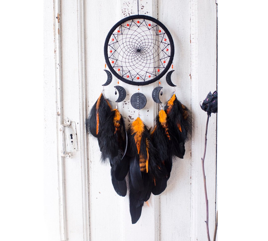 Moon Phases Black and Orange Dreamcatcher | Dream catcher wall decor - 墙贴/壁贴 - 木头 黑色