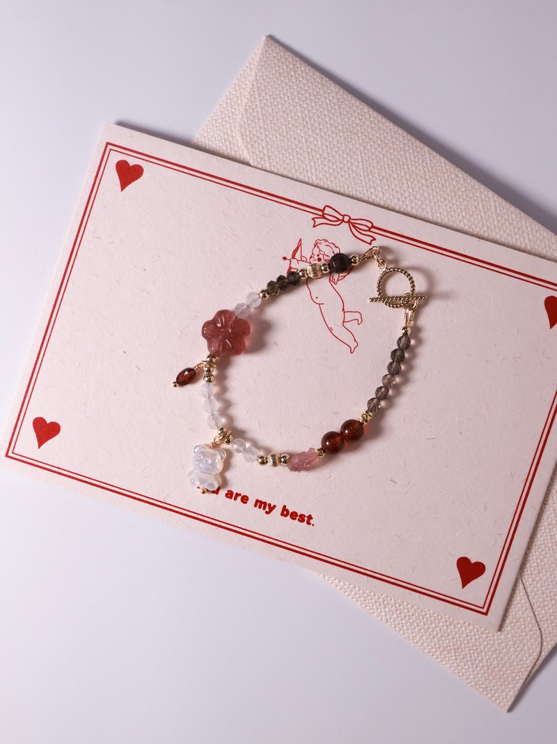 梅影。草莓晶小花 立体贝母熊熊 石榴石 14KGF 水晶矿石设计手链 - 手链/手环 - 水晶 红色
