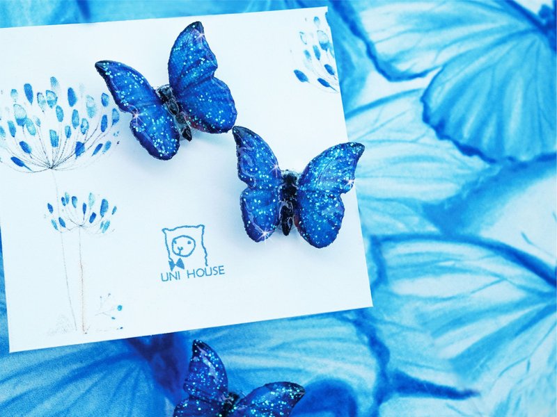 手绘立体蓝星空蝶(耳针.耳夹)宽1.3cm - 耳环/耳夹 - 其他材质 蓝色