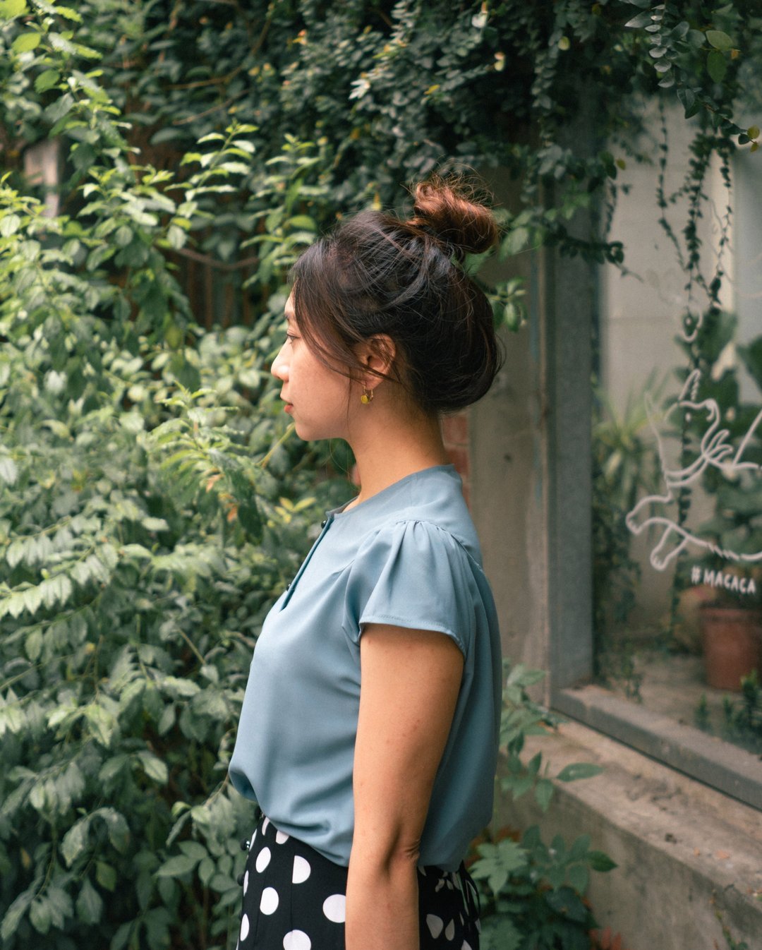 小圆领肩细褶上衣 // 青蓝 - 女装上衣 - 聚酯纤维 蓝色