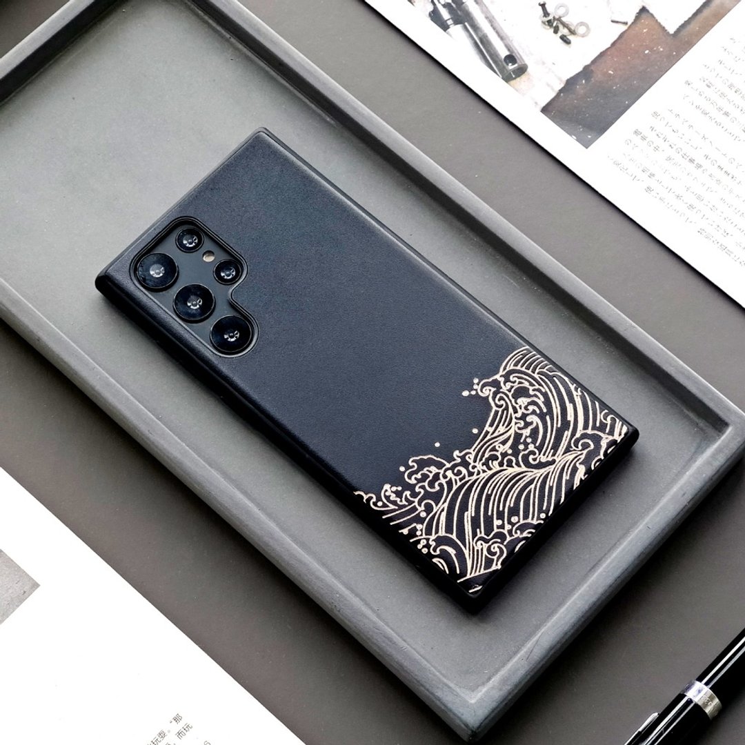 玄黑色乘风破浪三星s24ultra真皮手机壳s23plus套note20u后盖全包 - 手机壳/手机套 - 真皮 黑色