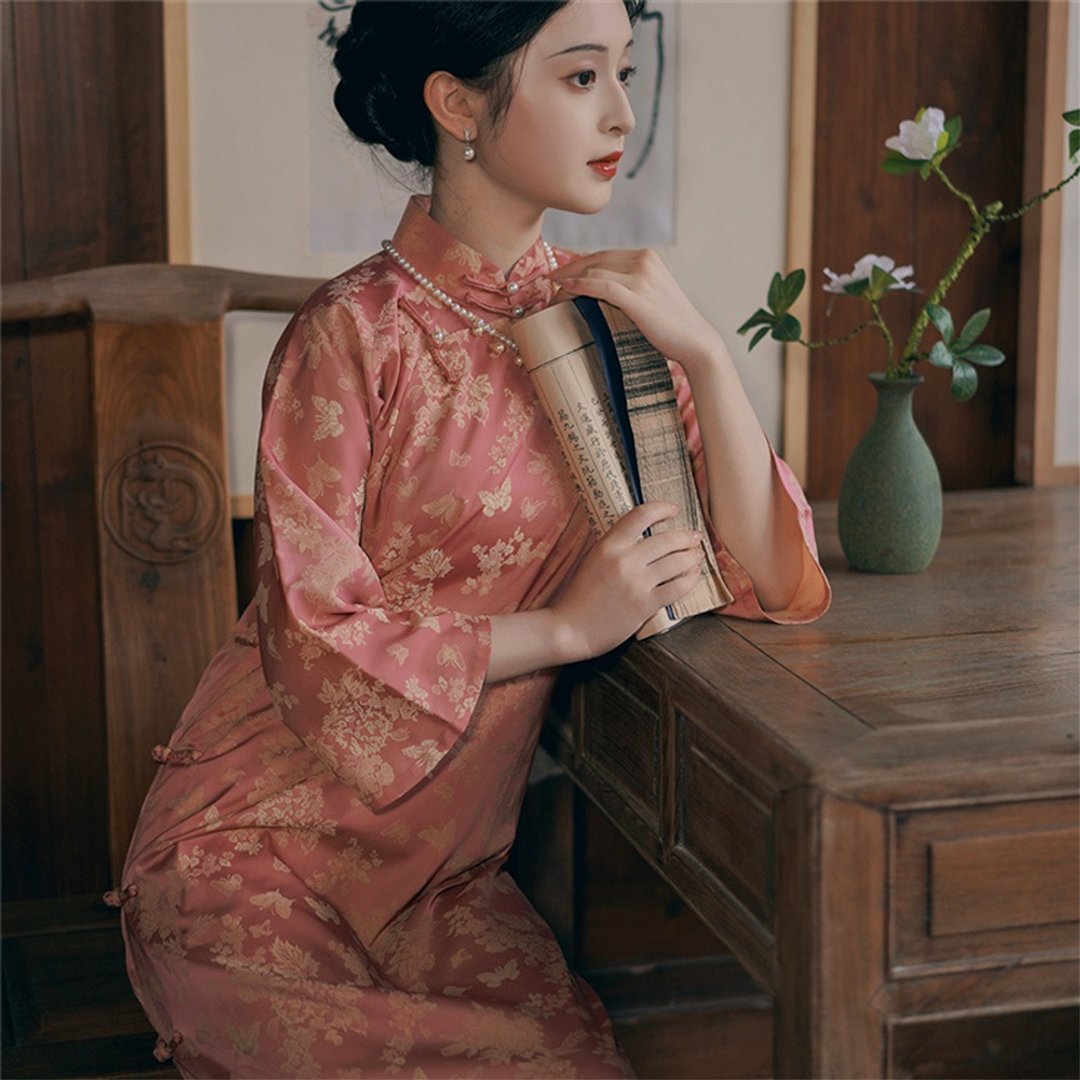 玉妍 古法倒大袖旗袍 復古中國風少女年輕款洋裝 秋季連衣裙 - 旗袍 - 聚酯纤维 粉红色