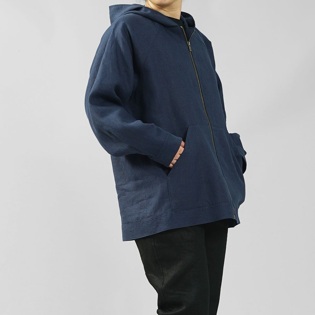 wafu --Midweight Linen Front Zipper Hoodie / Iron Navy h046a-ttk2 - 女装上衣 - 亚麻 蓝色