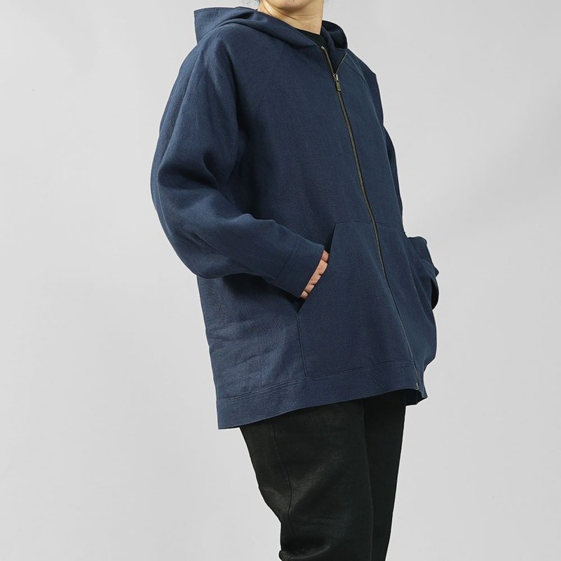 wafu --Midweight Linen Front Zipper Hoodie / Iron Navy h046a-ttk2 - 女装上衣 - 亚麻 蓝色