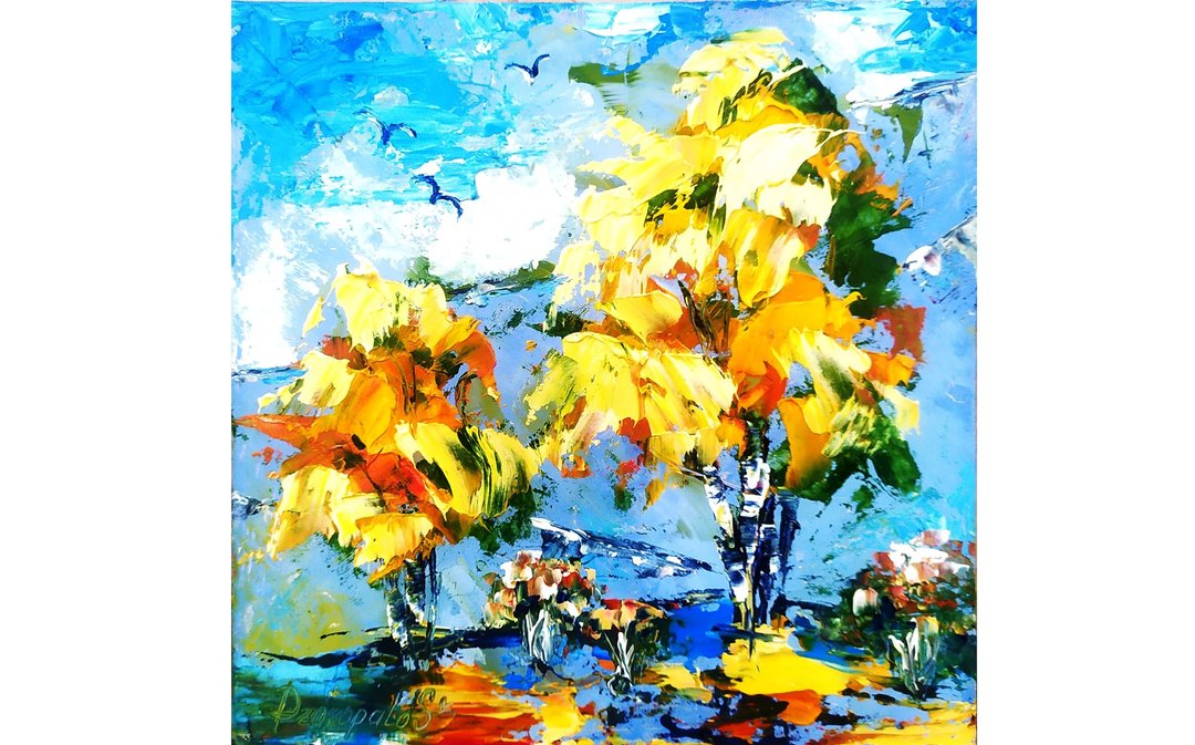 Birch Tree Oil Painting Original Art Red Tree Colorado Artwork 8x8 - 墙贴/壁贴 - 其他材质 黄色