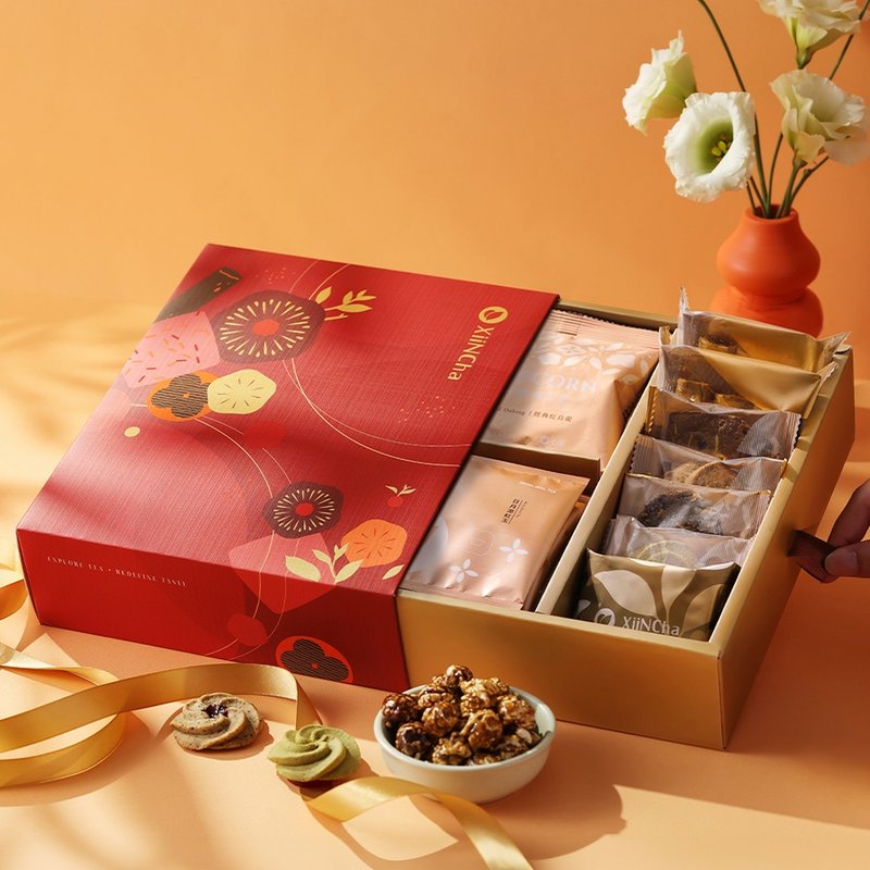 新年礼盒 | 缎藏金匣  焙茶爆米花&铁观音蛋卷&台湾茶包 13/12入 - 蛋糕/甜点 - 新鲜食材 