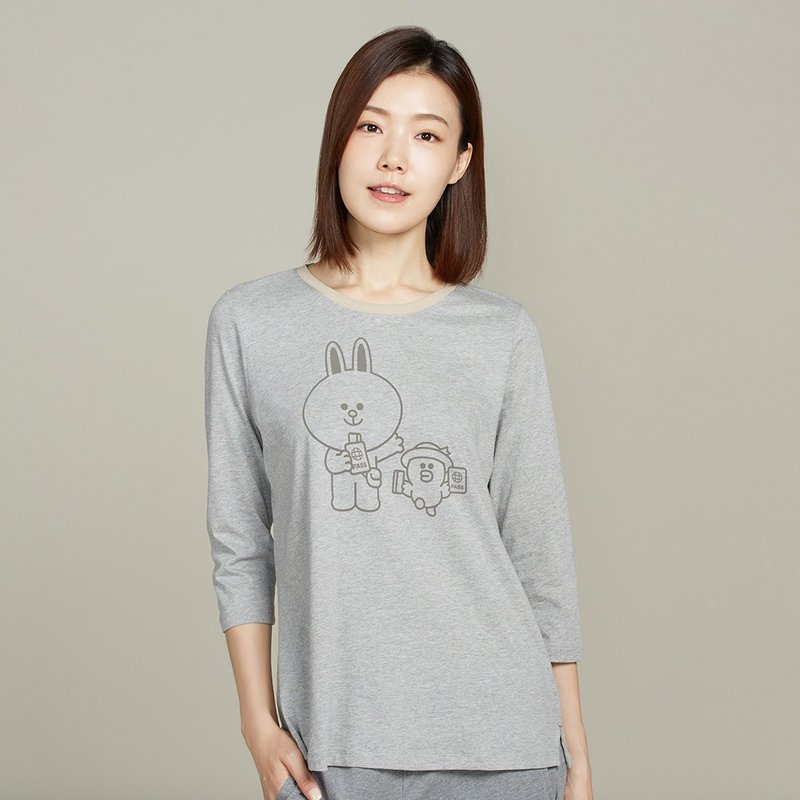 LINE FRIENDS | 兔兔莎莉网印七分袖上衣-迷雾灰 - 女装上衣 - 棉．麻 灰色