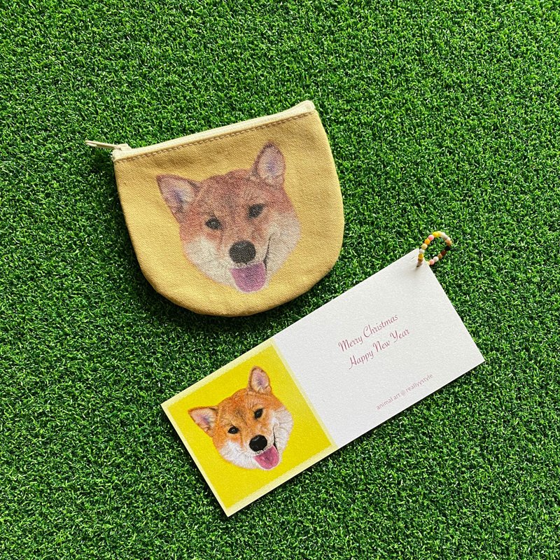 【柴犬礼物】开心柴犬手工帆布零钱包 - 零钱包 - 棉．麻 黄色