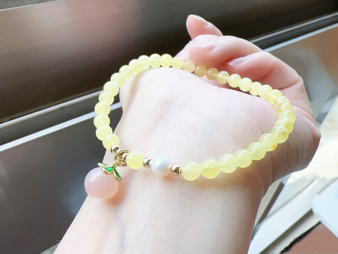 波罗地海 天然蜜蜡琥珀 蜜桃盐源玛瑙 甜美 温润色泽 避邪安神 - 手链/手环 - 宝石 黄色