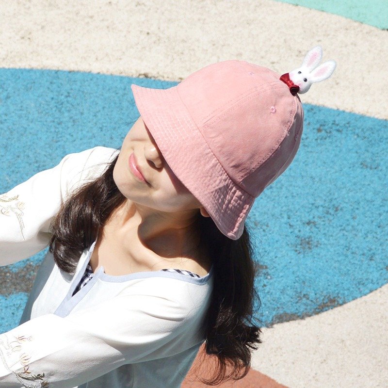 羊毛毡小兔子 手作棉布渔夫帽 可爱童趣遮阳帽子 - 帽子 - 棉．麻 粉红色