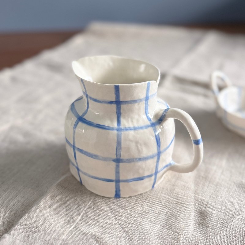 蓝格纹手捏小壶/游蓝计划 - 水瓶/水壶 - 陶 