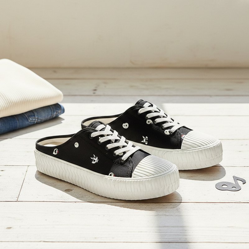 密码穆勒鞋 (宽楦) 半拖厚底饼干鞋 - 黑色 小红帽与大野狼 台湾制 - 女款休闲鞋 - 棉．麻 黑色