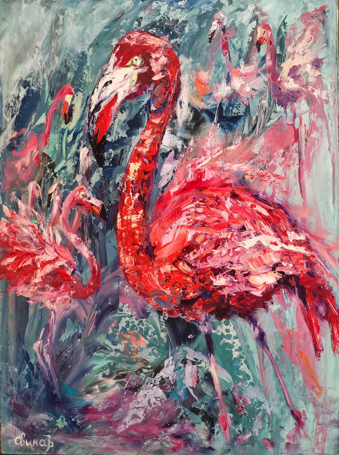 Flamingo Pink Birds Abstract Love Art Original Oil Painting Artist Svinar Oksana - 其他 - 其他材质 多色
