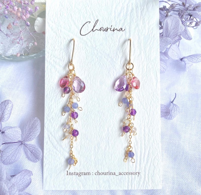 [14kgf] Wisteria flower lover amethyst Clip-On, earrings - 耳环/耳夹 - 宝石 紫色