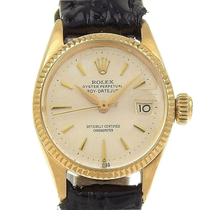 【日本直送】劳力士 ROLEX Oyster Perpetual 手表 cal.1130 6517 18K黄金 x 压纹皮革 自动上链 银色表盘 【二手】 - 女表 - 贵金属 银色