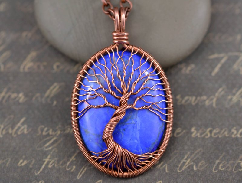 Lapis Howlite Tree of Life necklace pendant Handmade copper wire wrapped jewelry - 项链 - 宝石 蓝色