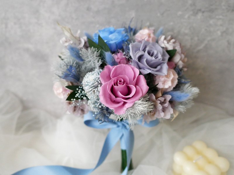 自然型手绑不凋捧花【蔚蓝紫粉】永生花/拍婚纱/登记结婚花束 - 干燥花/捧花 - 植物．花 蓝色