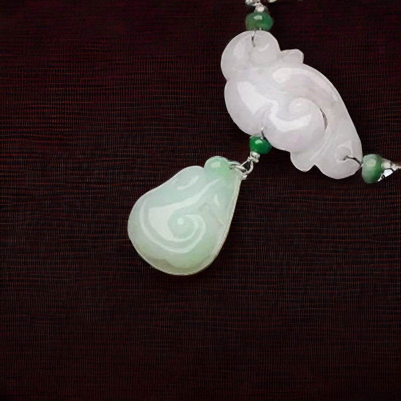 冰飘绿翡翠如意925纯银项链 | 天然缅甸玉翡翠A货 | 送礼 - 吊饰 - 玉石 绿色