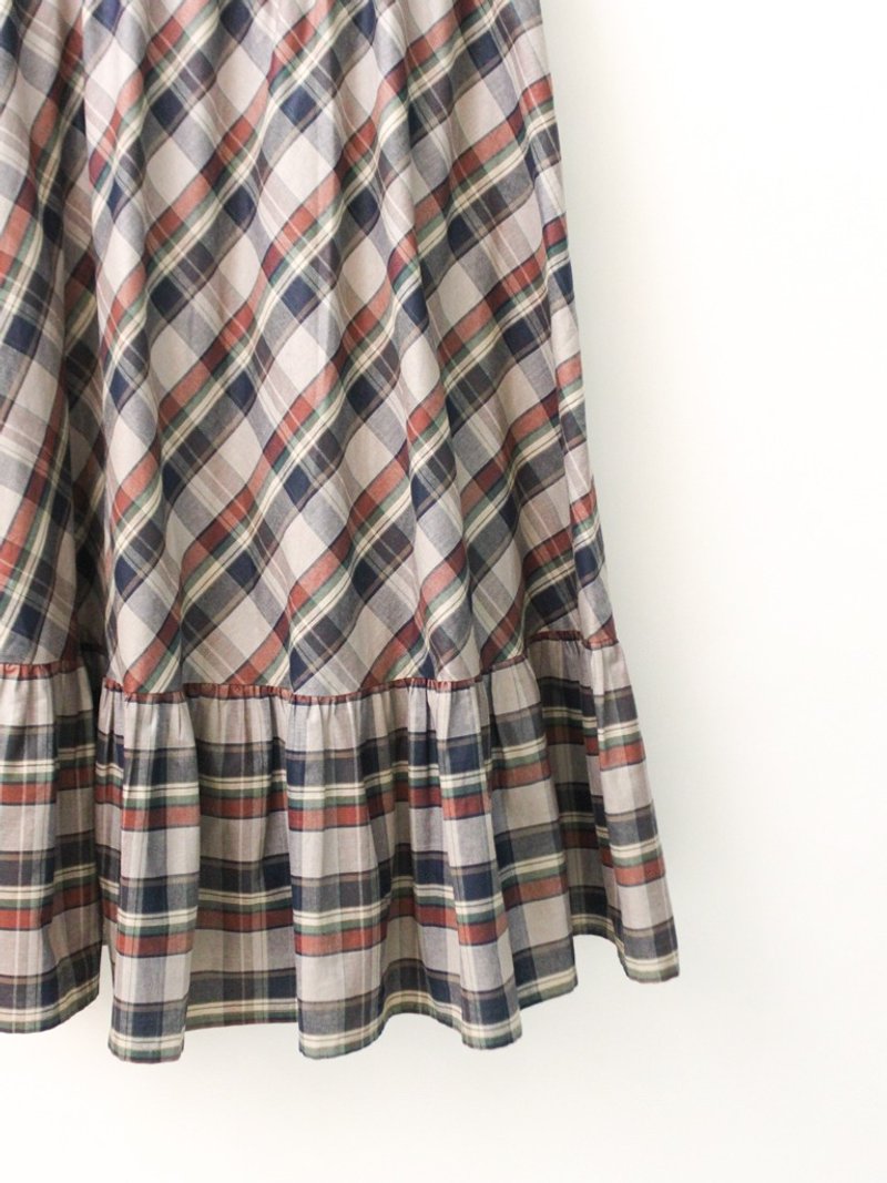 复古欧洲田园风可爱灰紫色格纹棉质古着长裙 European Vintage Skirt - 裙子 - 棉 灰色