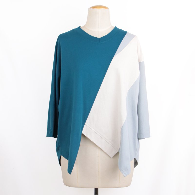 蓝绿杏灰 - V领拼色不规则七分袖T #U1154 - 女装上衣 - 棉．麻 蓝色