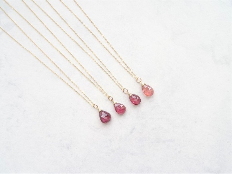 单颗水滴切面碧玺美国 14K 包金裸感项链锁骨链 (紫红桃红。大) - 锁骨链 - 宝石 粉红色