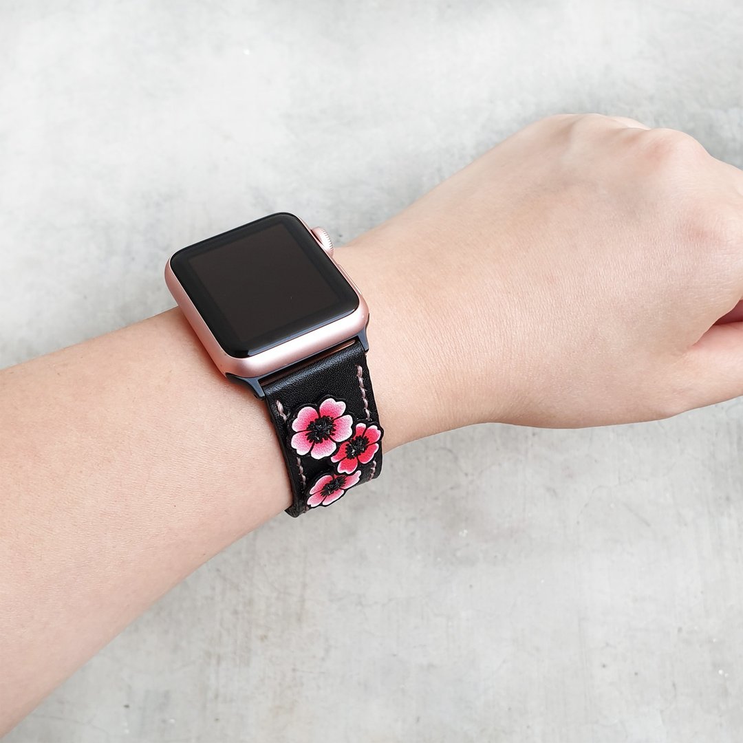 Apple Flower Band皮革手表表带 - 表带 - 真皮 黑色