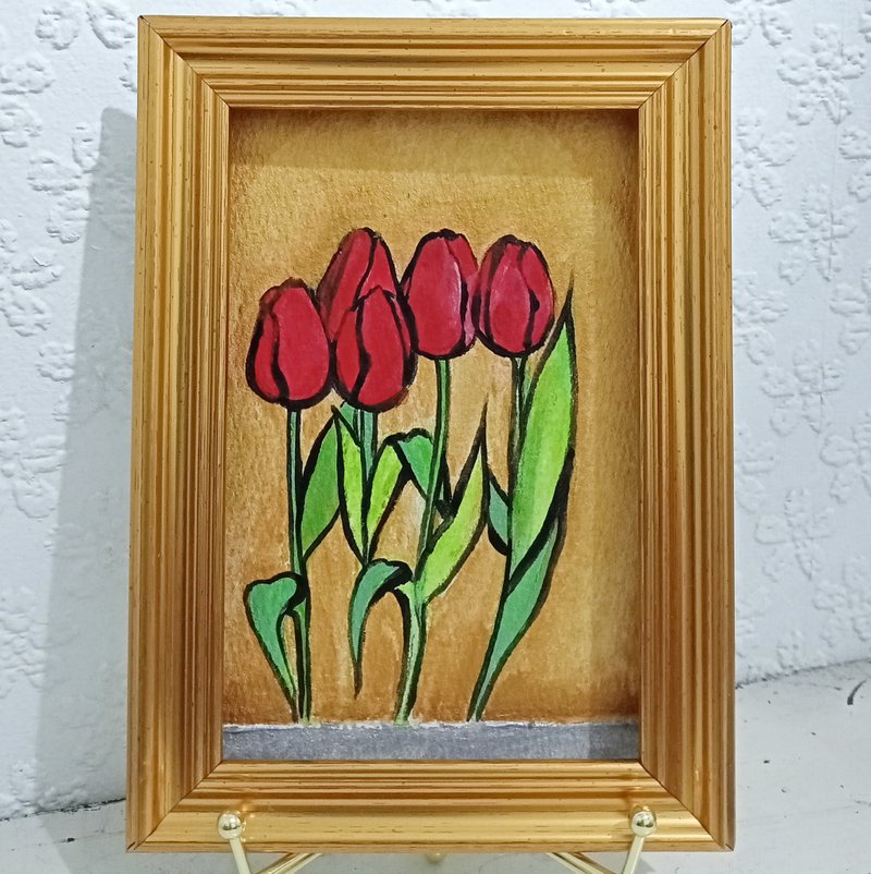 郁金香手绘卡含金色相框 - 卡片/明信片 - 纸 多色