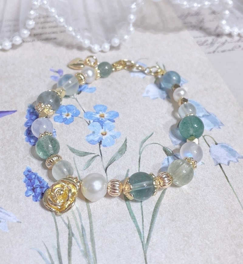 玫瑰//萤石/天然珍珠/绿草莓/葡萄石/锂辉石/月光石/14K保色手链 - 手链/手环 - 其他金属 白色