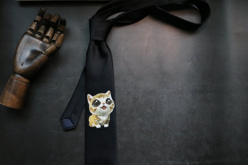 黑色真絲小猫印花領帶學院風百搭領帶 - 领带/领带夹 - 丝．绢 黑色