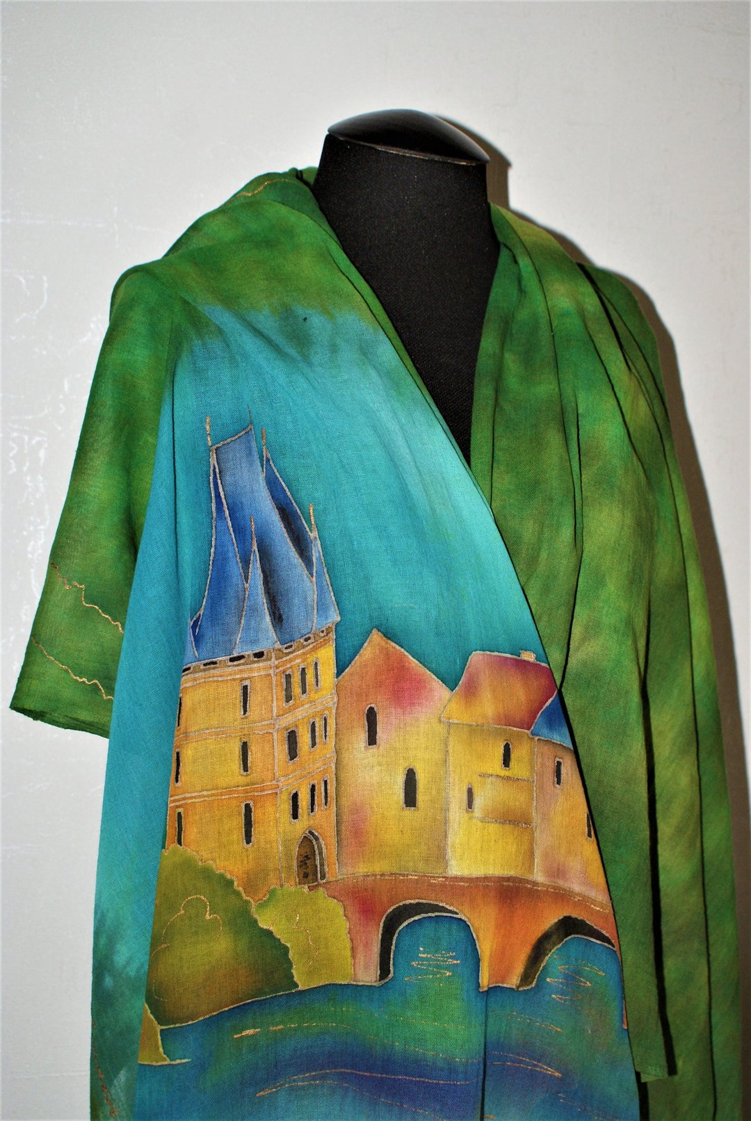 Green hand painted scarf with Prague Cotton scarf batik Large cotton scarf shawl - 丝巾 - 棉 多色