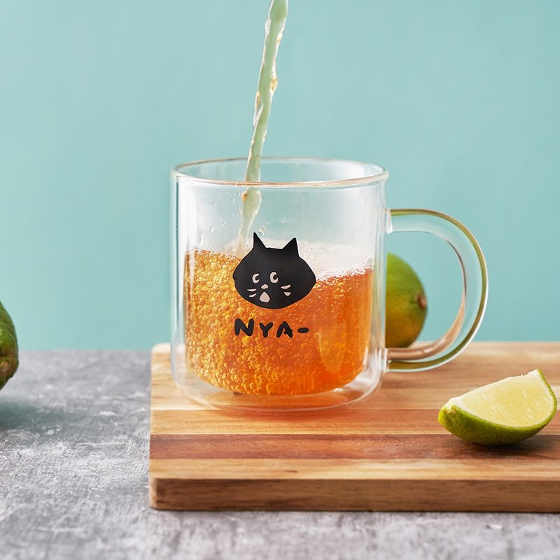 FUSHIMA X NYA- 经典双层玻璃杯 400ML(把手) -大猫 - 玻璃杯 - 玻璃 透明