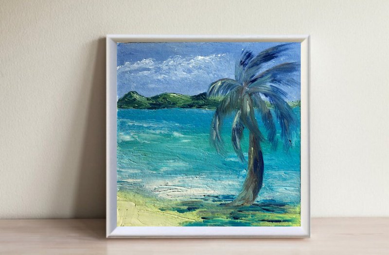 Original oil painting marine scenery beach palm wall art hand painted 6 x 6 inch - 墙贴/壁贴 - 其他材质 蓝色