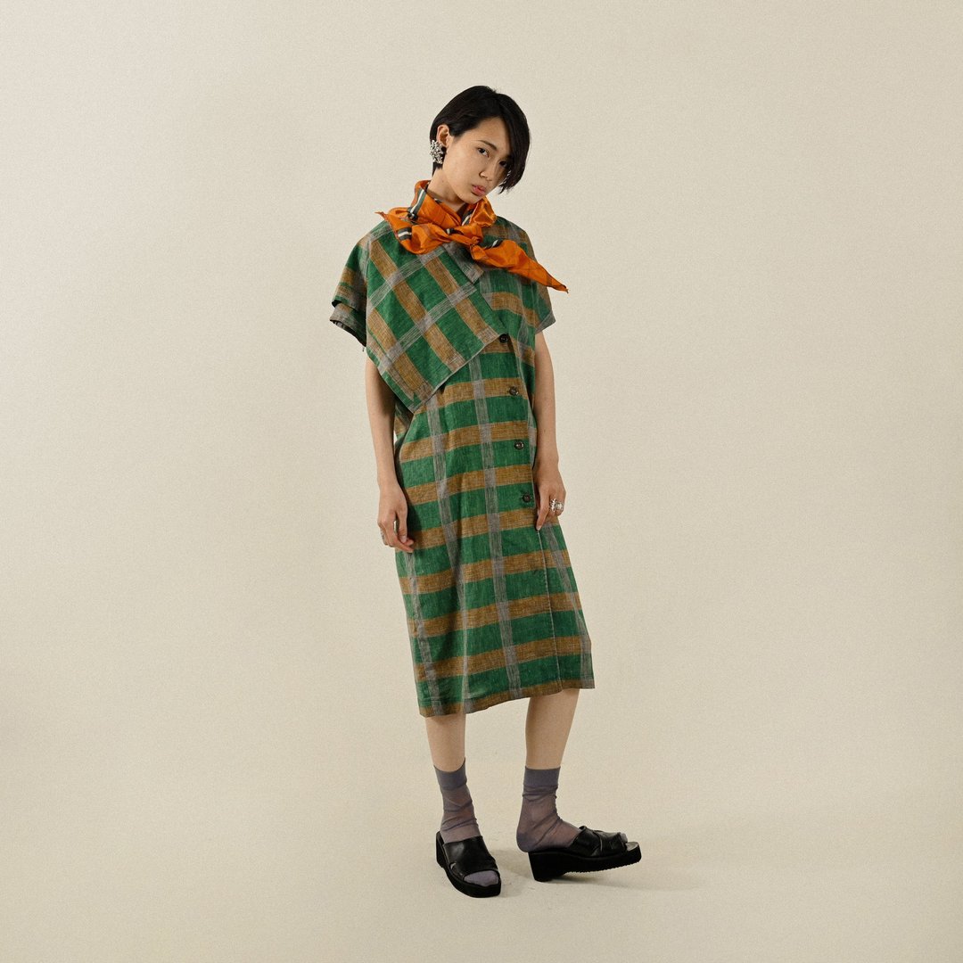 【NaSuBi Vintage】对色格纹肩部饰片古着洋装 - 洋装/连衣裙 - 其他人造纤维 绿色