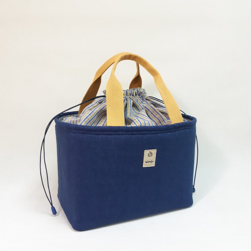 保温便当袋 25x15cm 保温罐绑带/ 束口手提袋 / 蓝与格子 - 手提包/手提袋 - 棉．麻 蓝色