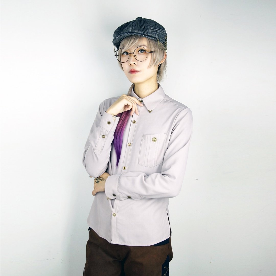 蒸汽朋克 Steamland 浅灰色 男女中性 修身 直筒长袖 衬衫衬衣 - 女装衬衫 - 聚酯纤维 灰色