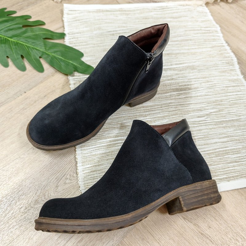 防水短靴 台湾手工真皮女鞋 低跟鞋 牛皮靴子 女皮鞋 免绑带鞋-黑 - 女款短靴 - 真皮 黑色