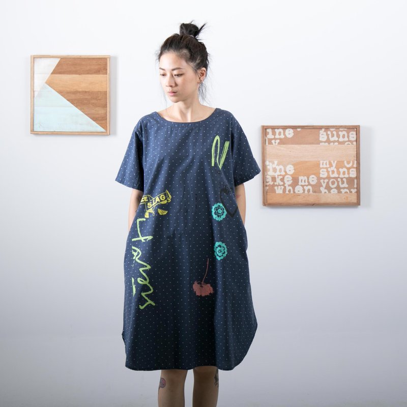 点点洋装 - 洋装/连衣裙 - 棉．麻 蓝色
