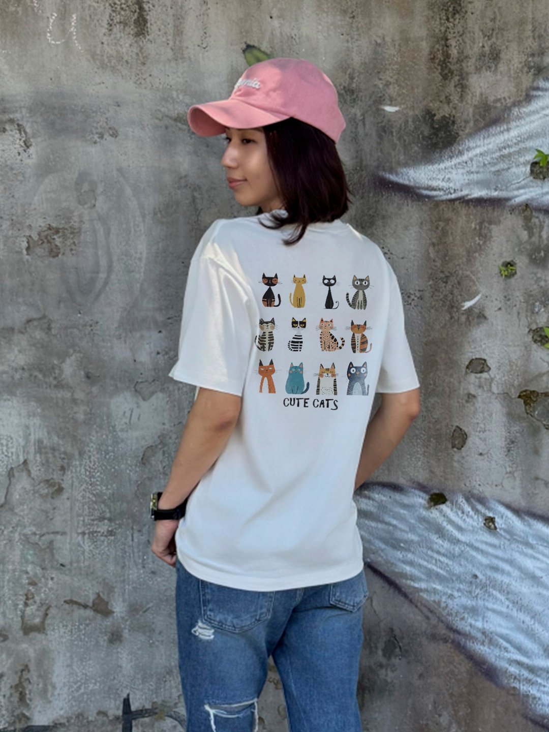可爱猫奴限定 T - 女装 T 恤 - 棉 白色