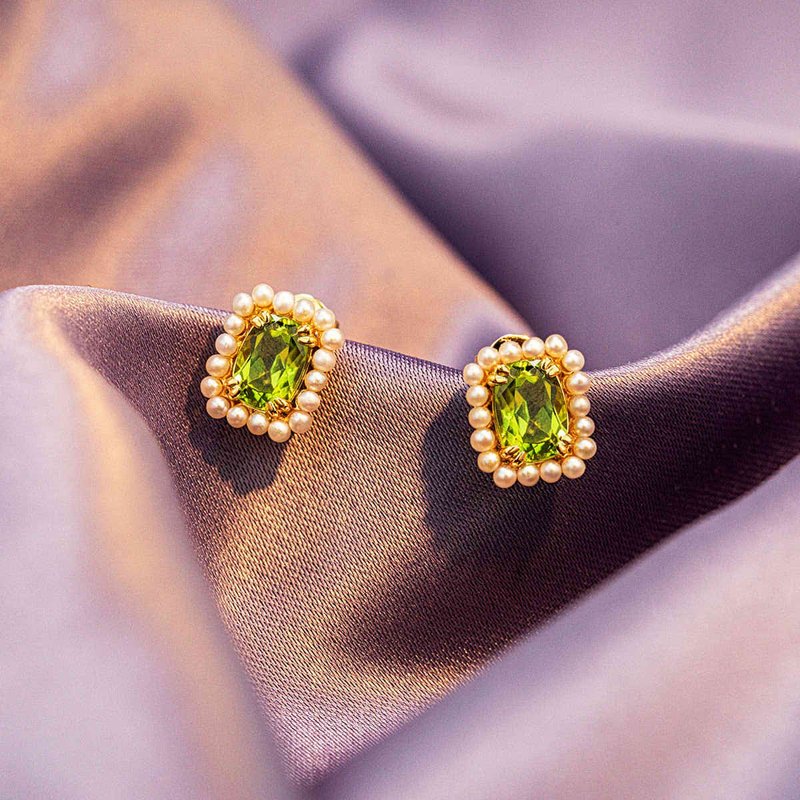 【PurpleMay Jewellery】纯18K金简约橄榄石珍珠耳钉-E068 - 耳环/耳夹 - 宝石 蓝色